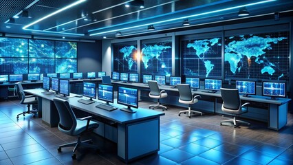 Brightly lit futuristic network operations center with rows of computer screens displaying real-time cyber threat data and alerts for swift detection and response.