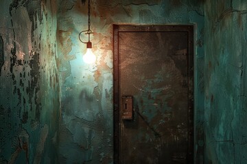 A rusted door and old wall scene is eerie and mysterious