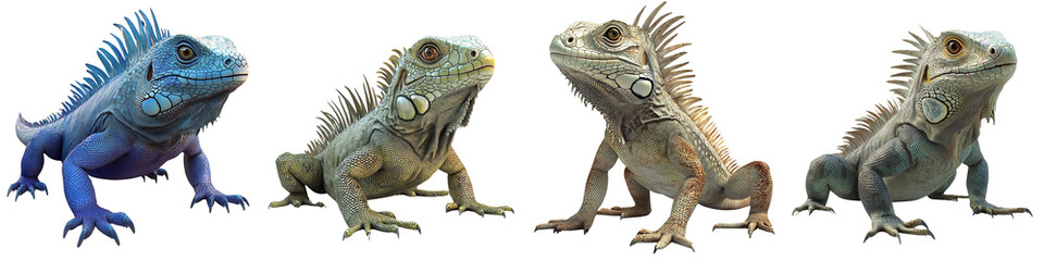Obraz premium Colorful iguanas showcasing various textures and shades on a white background, perfect for nature and wildlife themes.