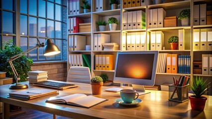 Busy office scene with a cluttered desk, computer, papers, and coffee cup, surrounded by shelves and files, under warm fluorescent lighting.