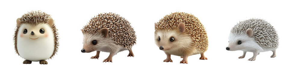 Fototapeta premium Cute hedgehogs in various poses, showcasing their adorable features and unique textures in a playful setting.