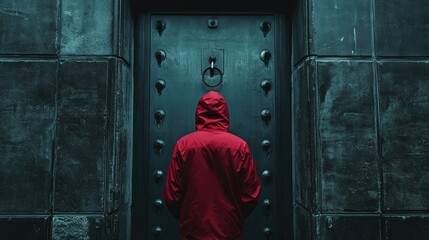 A person wearing a red jacket, standing in front of a large, locked door, their gaze fixed on the handle,