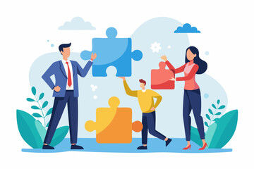 New joiner to fill in team and solve problem, teamwork to get solution, put right man in the right job to fit job description concept, businessman hand HR put new joiner to connect jigsaw puzzle. 
