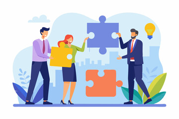 New joiner to fill in team and solve problem, teamwork to get solution, put right man in the right job to fit job description concept, businessman hand HR put new joiner to connect jigsaw puzzle. 

