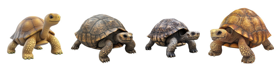 Obraz premium Four distinct tortoises showcasing unique colors and sizes, highlighting the diversity of this fascinating species in nature.