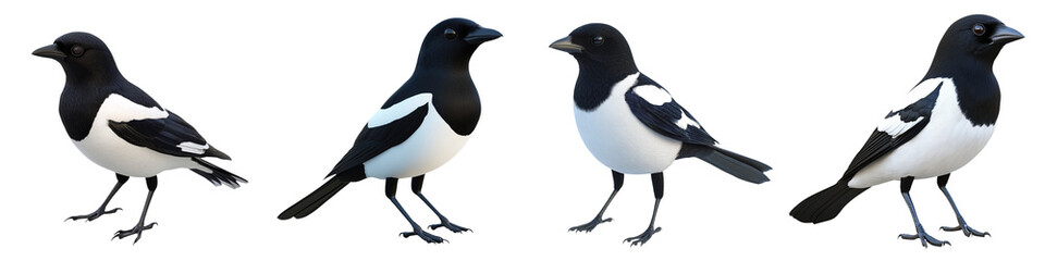 Four striking birds with elegant black and white plumage, showcasing their beauty and grace in a natural setting.