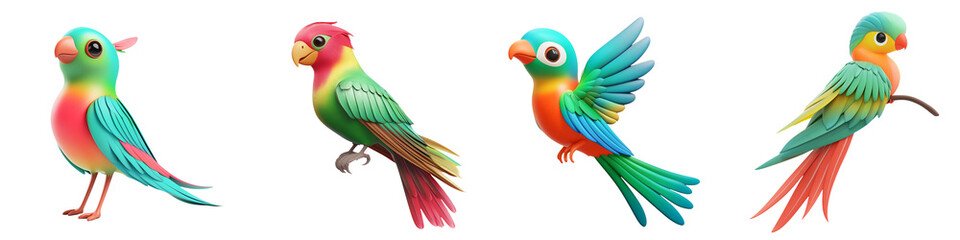 Fototapeta premium Vibrant animated birds in various poses showcasing their colorful plumage and lively expressions. Perfect for whimsical designs!