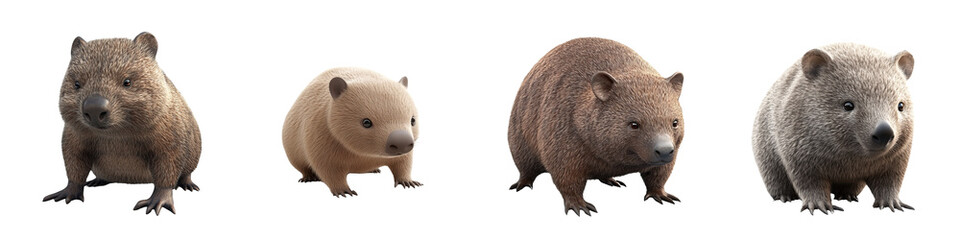 Fototapeta premium A charming collection of wombats showcasing different sizes and expressions, ideal for wildlife enthusiasts and educational content.