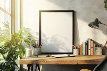 A mockup of an empty black frame on the wall in a modern home office