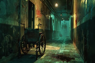 Fototapeta premium An old wheelchair in a deserted corridor of a hospital