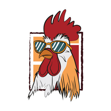 recommend clip art: Cartoon of a cool moody rooster with sunglasses. Vector illustration for tshirt, website, clip art, poster and print on demand merchandise.