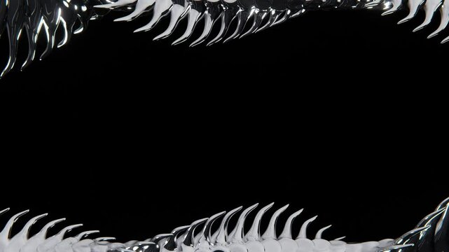 Abstract 3d elements horizontal frame darkness effect bakground metallic liquid chrome steel silver reptile dragon snake spine spikes futuristic shape wallpaper endless loop animation 4K 30 fps