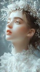 A serene portrait of a young woman adorned with floral elements and a delicate outfit.