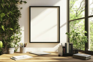 A mockup of an empty black frame on the wall in a modern home office