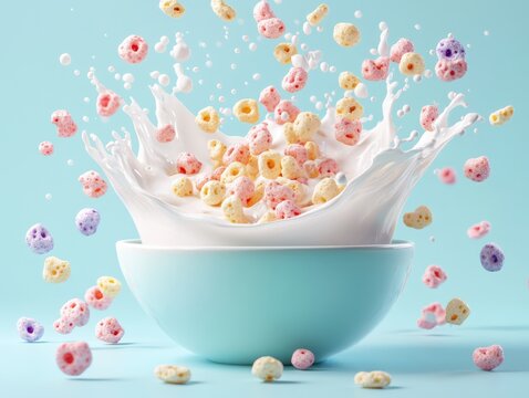 Bright cereal pieces splash into a bowl of milk against a light blue background, creating a dynamic and playful breakfast scene.

