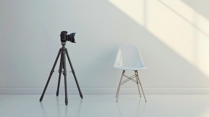 A minimalist setup with a tripod-mounted camera and a white chair against a light-colored wall bathed in soft daylight.