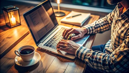 Close-up of a programmer's hands typing away on a laptop keyboard, surrounded by notebooks, coffee cups, and coding papers in a dimly lit room.