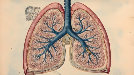 56. An intricate diagram of the human respiratory system with airways and lungs