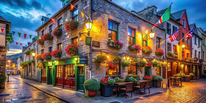Vibrant traditional Irish pub in Galway city's Latin Quarter, adorned with colorful flags and overflowing flower boxes, warm lamps aglow on a misty evening.