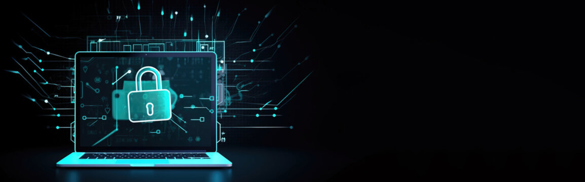 Computer electronic security concept. Neon castle, dark background. AI generated.