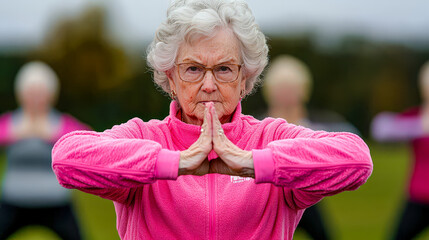 Empowered Aging A Joyful Seniors Proudly Demonstrates Her Strength During a Group Fitness Class Emphasizing the Importance of Staying Active and Healthy in Later Life