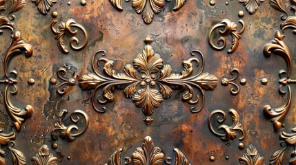 Antique textured copper metal background with decorative patterns
