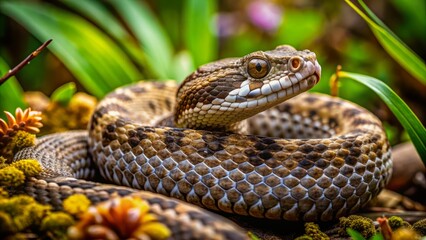 Obraz premium Coiled and camouflaged in dense underbrush, a venomous viper snake with scaly texture and piercing gaze lies in wait for its unsuspecting prey.