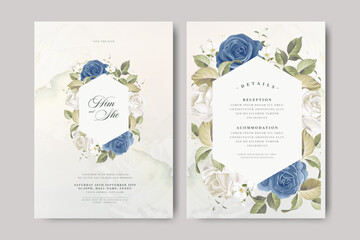 wedding invitation card design with blue roses flowers decoration