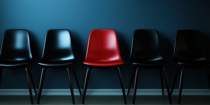A row of chairs with one red chair in the middle