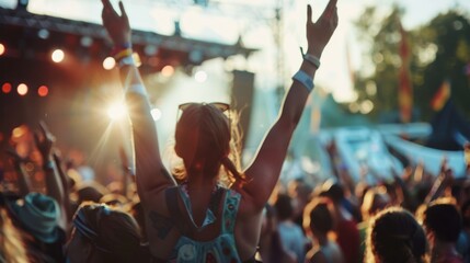 Fototapeta premium A crowd revels under golden stage lights at an outdoor concert, arms raised in collective euphoria, encapsulating the vibrancy and unity of live music.