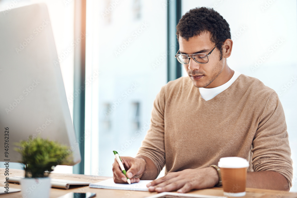 Poster business man, computer and notebook for writing notes, planning and drawing sketch with glasses. gra