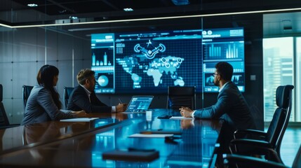 Executives in a modern boardroom analyze global data on a large digital screen, indicating a high-tech business strategy meeting.