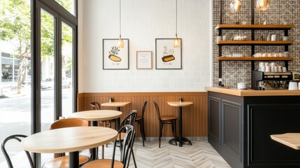 A cozy cafe with a tile wall featuring a mix of vintage and modern patterned tiles in neutral tones
