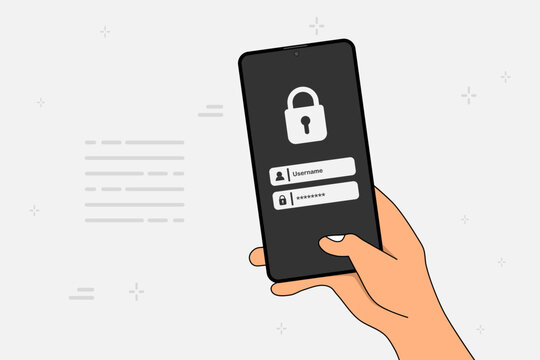 Hand holding a smartphone to login username and password on screen. Data privacy online protection on mobile phone application. Vector illustration.
