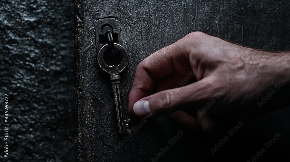 Wall mural A hand holding a key, about to unlock a door or treasure chest