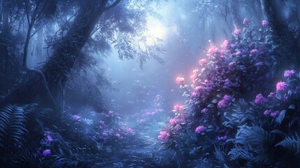 Enchanting Moonlight Path Through a Misty Forest with Glowing Flowers.