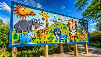 Obraz premium Colorful entrance sign featuring whimsical illustrations of various animals against a bright blue background, welcoming visitors to a lively and exciting zoological garden.
