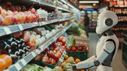 A robot meticulously examines fresh produce in a well-stocked grocery store, showcasing advanced AI and human-like interaction.