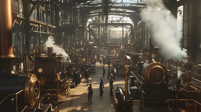 75. A bustling 19th-century industrial factory with steam engines and workers