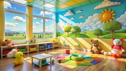 Colorful hospital playroom filled with stuffed animals, toys, and games, featuring a bright mural of a sunny landscape with fluffy clouds and happy birds.