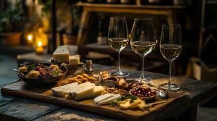 Fototapeta premium Elegant restaurant table with wine and appetizers for a romantic dinner setting