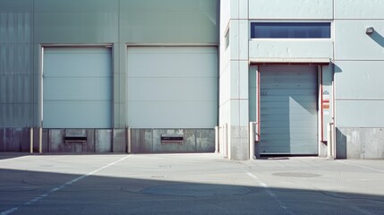 Fototapeta premium Industrial warehouse exterior with large roller doors and a minimalist design, emphasizing modern architecture and functional space in a sunlit area.