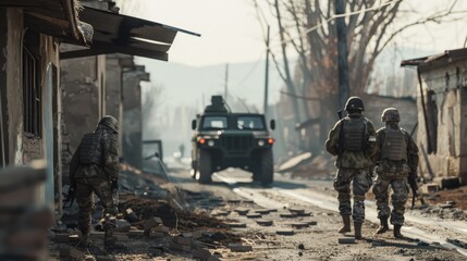 A group of soldiers patrol a shattered street amidst the remnants of a war-torn city, symbolizing resilience and duty.