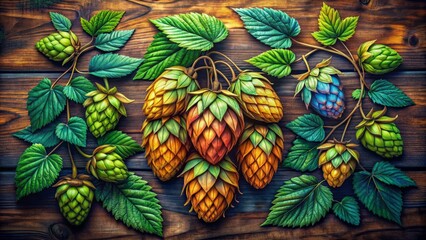 Colorful illustration of a craft beer label featuring a stylized hop cone, vines, and bold typography, evoking a sense of rustic sophistication and brewmaster craftsmanship.