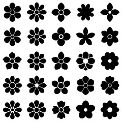 Flat black flowers set isolated on transparent background PNG file