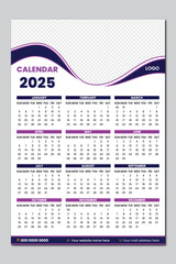 2025 One page wall calendar design template, 12 month one page modern calendar 