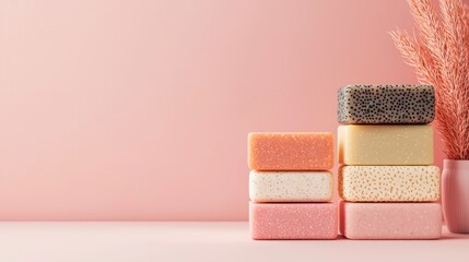 Aesthetic arrangement of colorful sponges against a soft pink background, creating a soothing and minimalistic ambiance.