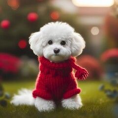 white maltipoo, playing in the garden wearing red crochet wool blur background, christmas theme