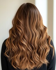 Naklejka premium Beautiful wavy hair with warm brown tones, cascading down a person's back, perfect for haircare and styling inspiration.