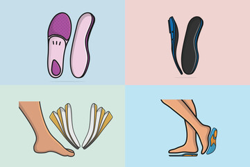 Set of Comfortable Orthotics Shoe Insole Pair, Arch Supports vector illustration. Fashion object icon concept. Collection of insoles for a comfortable and healthy walk vector design with shadow.